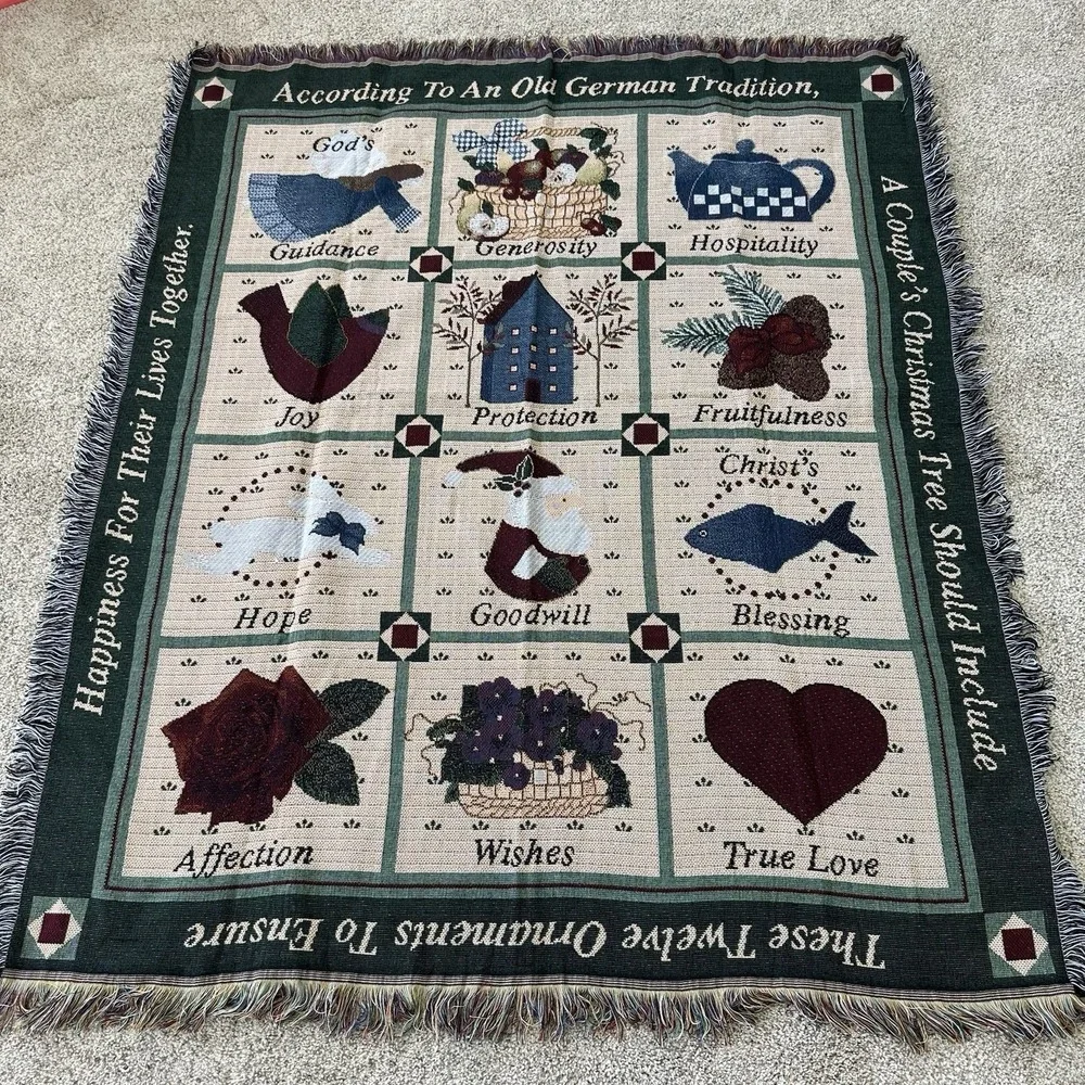 Vintage Woven Tapestry Throw Blanket German Christmas ornament tradition Couples